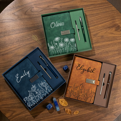 Custom Birth Flower & Name Notebook Gift For Her - Personalized Notebook Set