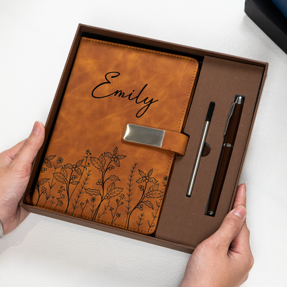 Custom Birth Flower & Name Notebook Gift For Her - Personalized Notebook Set