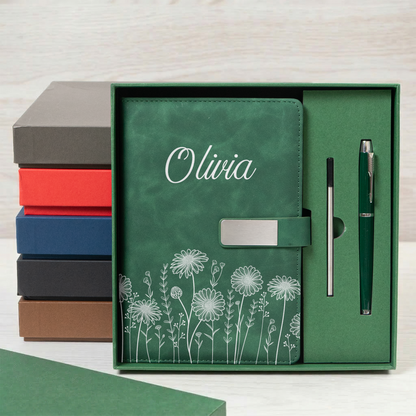 Custom Birth Flower & Name Notebook Gift For Her - Personalized Notebook Set