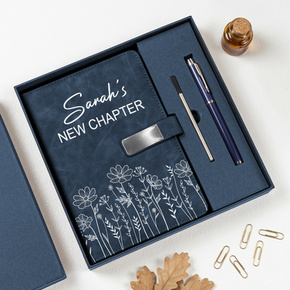 Custom Name & Birth Flower New Chapter Retirement Christmas Birthday Gifts For Her, Coworker - Personalized Notebook Set