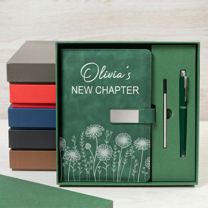 Custom Name & Birth Flower New Chapter Retirement Christmas Birthday Gifts For Her, Coworker - Personalized Notebook Set