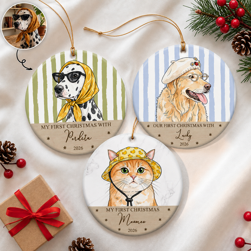 Custom Watercolor Pet Portrait Ornament, First Christmas Pet - Personalized Ornament