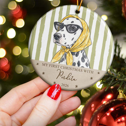 Custom Watercolor Pet Portrait Ornament, First Christmas Pet - Personalized Ornament