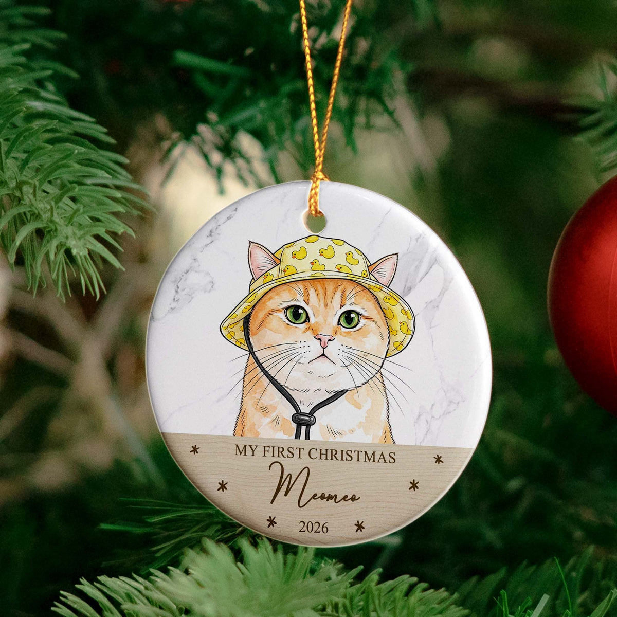 Custom Watercolor Pet Portrait Ornament, First Christmas Pet - Personalized Ornament