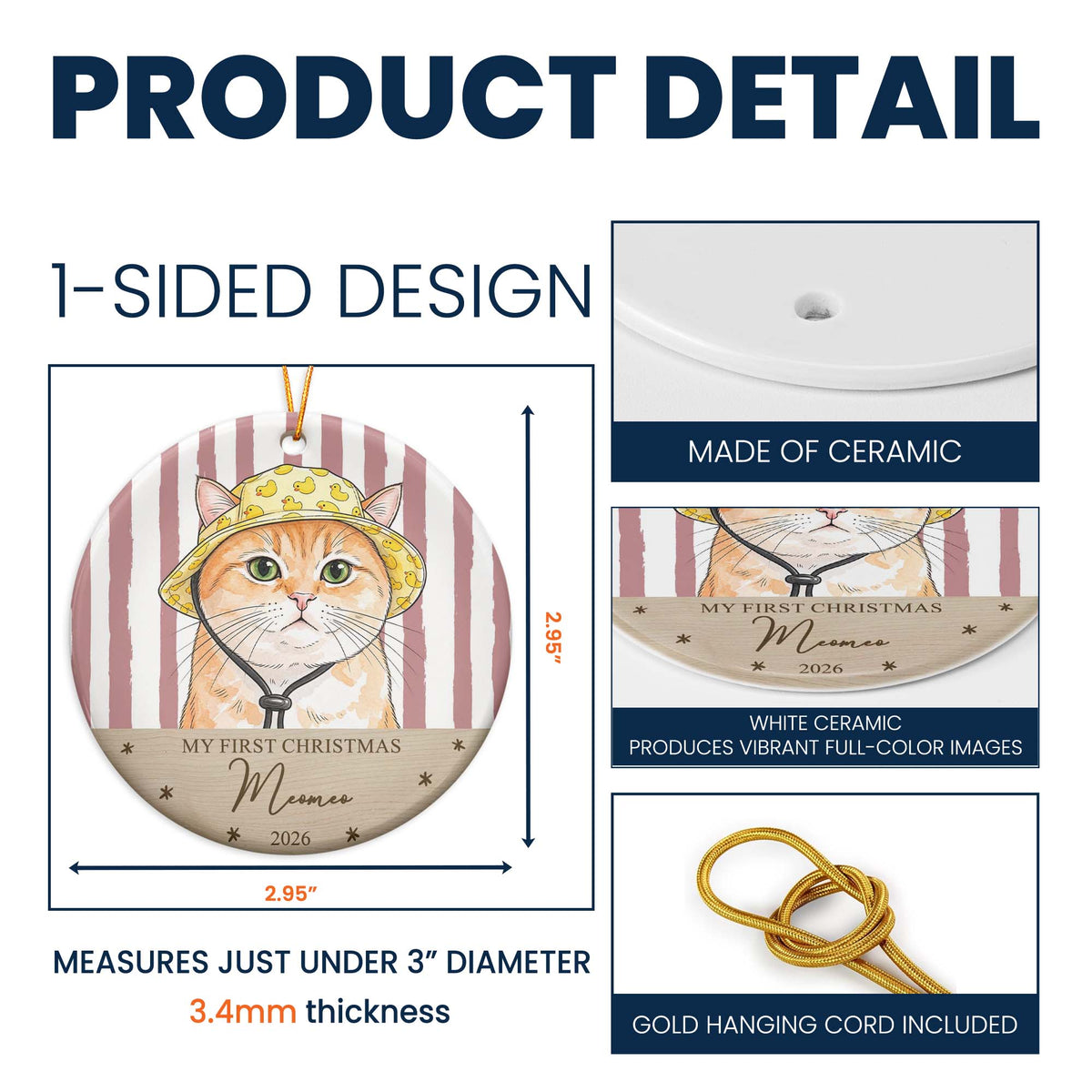 Custom Watercolor Pet Portrait Ornament, First Christmas Pet - Personalized Ornament
